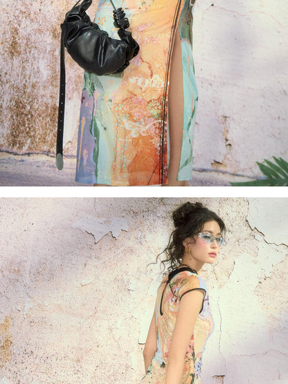 OfAkiva Dream Fragment Sand Print Stand Collar High Waist Women&