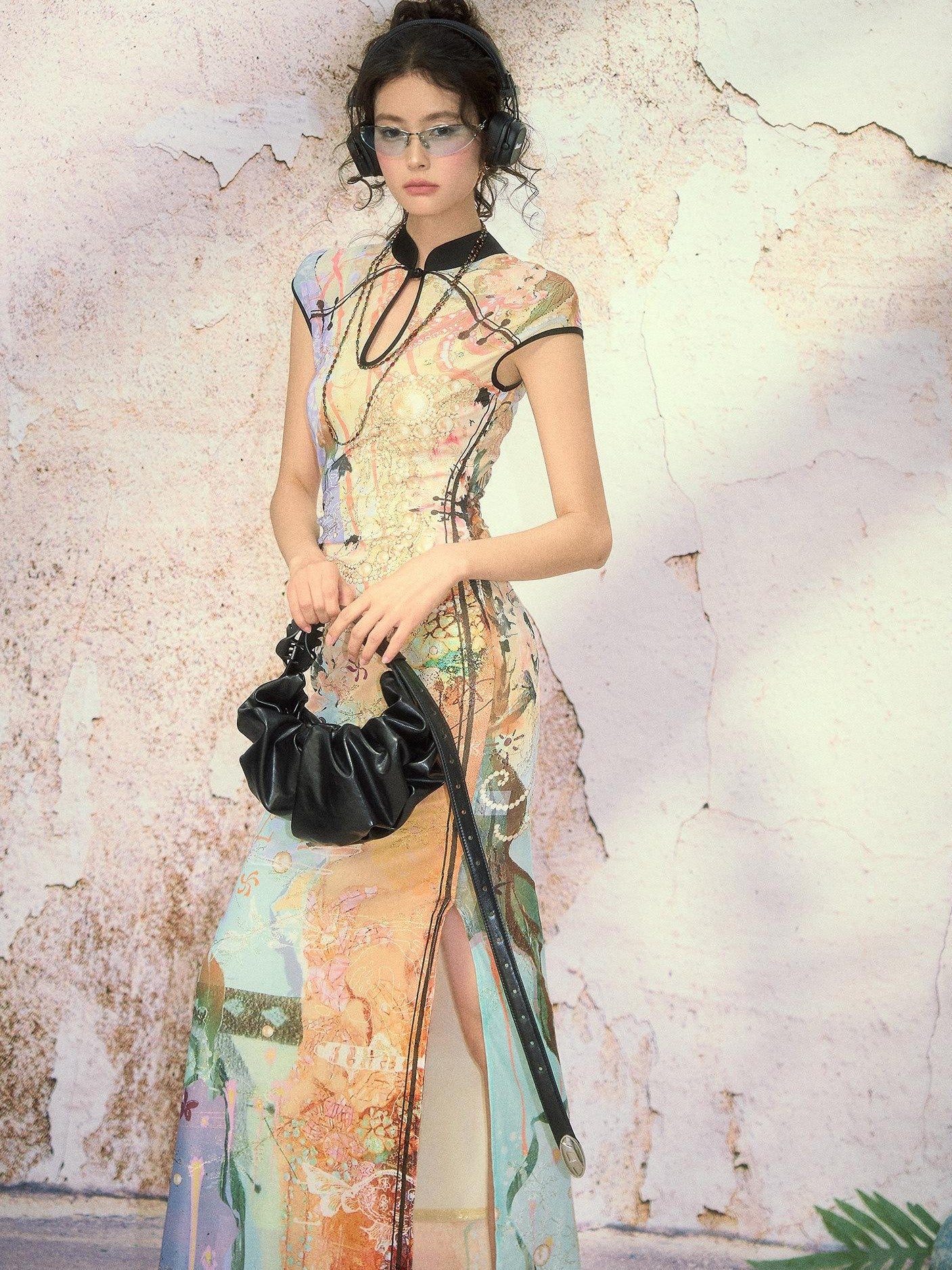 OfAkiva Dream Fragment Sand Print Stand Collar High Waist Women&