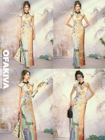OfAkiva Dream Fragment Sand Print Stand Collar High Waist Women&