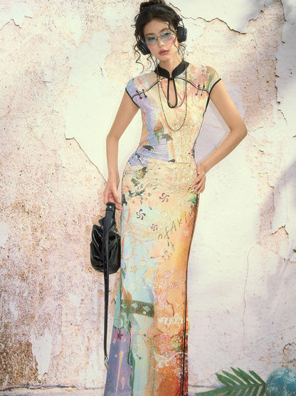 OfAkiva Dream Fragment Sand Print Stand Collar High Waist Women&