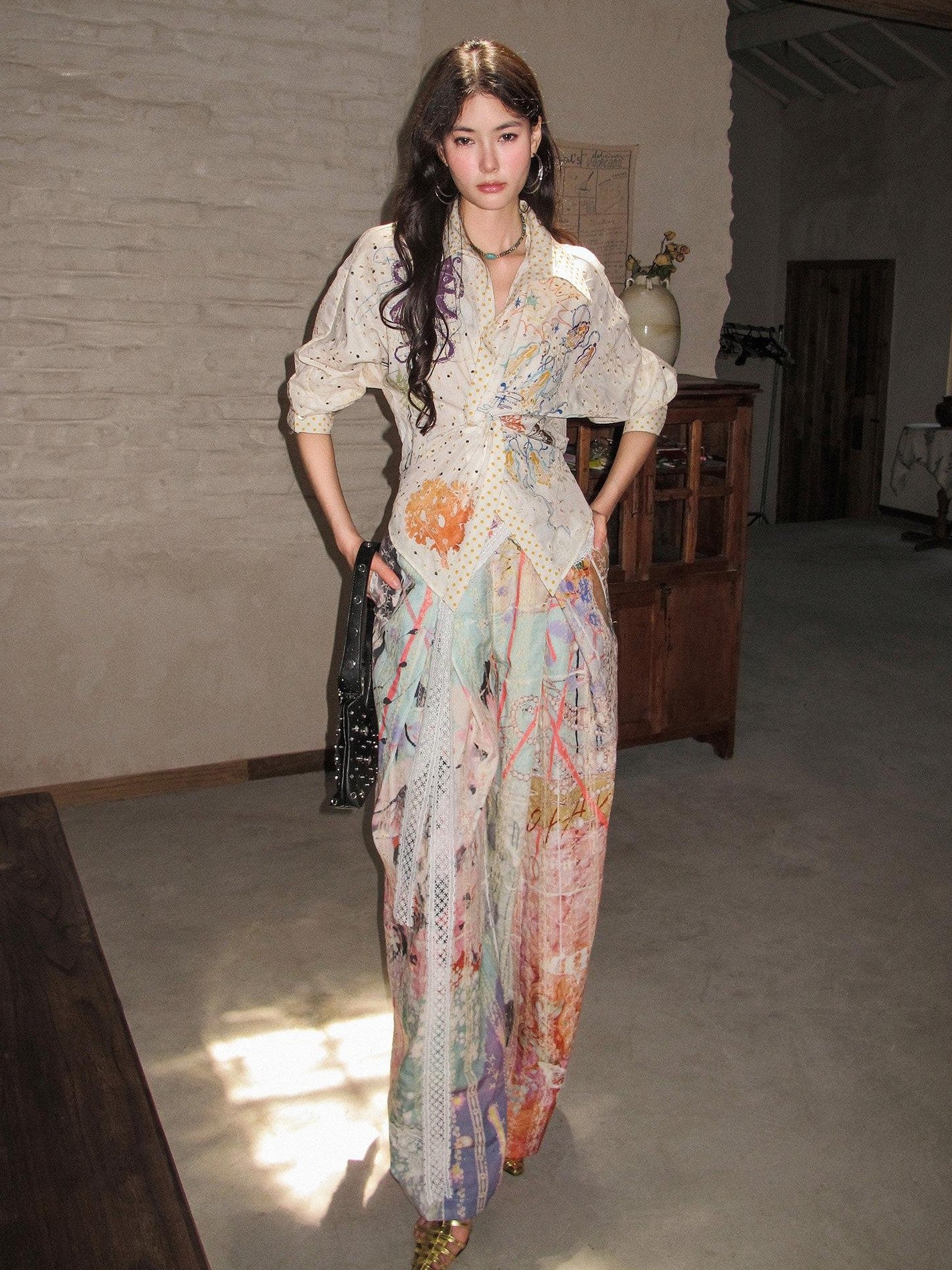 OfAkiva Dream Fragment Structural Line Print Pleated Embroidered Women&