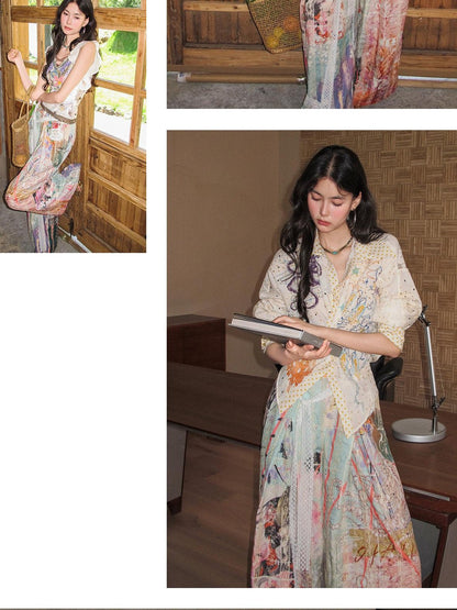 OfAkiva Dream Fragment Structural Line Print Pleated Embroidered Women&