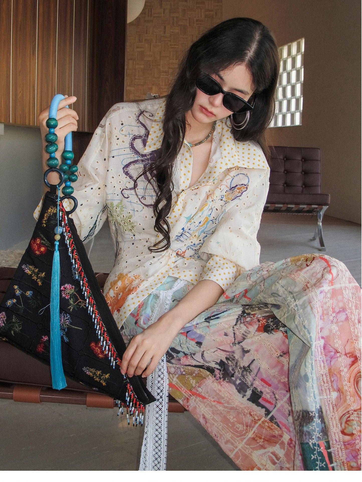 OfAkiva Dream Fragment Structural Line Print Pleated Embroidered Women&