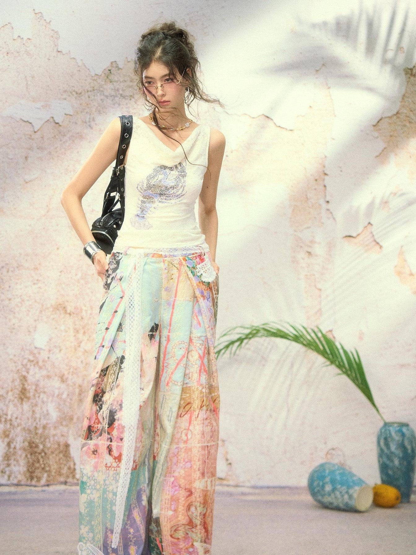 OfAkiva Dream Fragment Structural Line Print Pleated Embroidered Women&