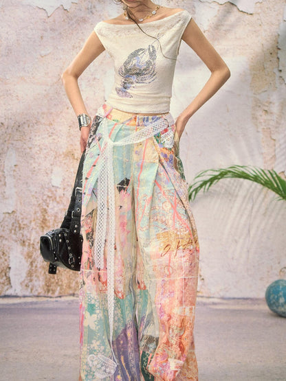 OfAkiva Dream Fragment Structural Line Print Pleated Embroidered Women&