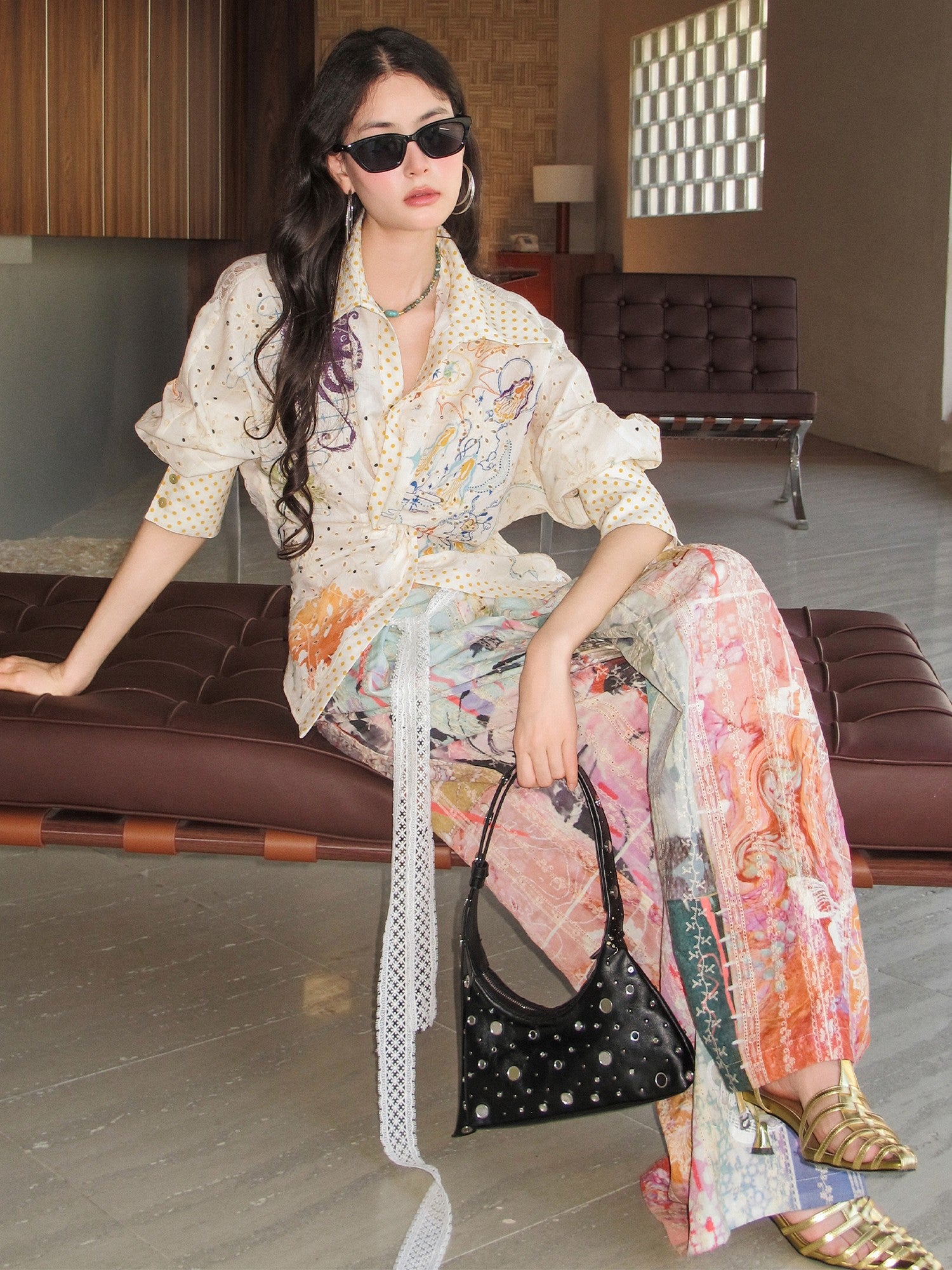 OfAkiva Dream Fragment Structural Line Print Pleated Embroidered Women&
