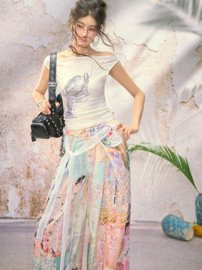 OfAkiva Dream Fragment Structural Line Print Pleated Embroidered Women&