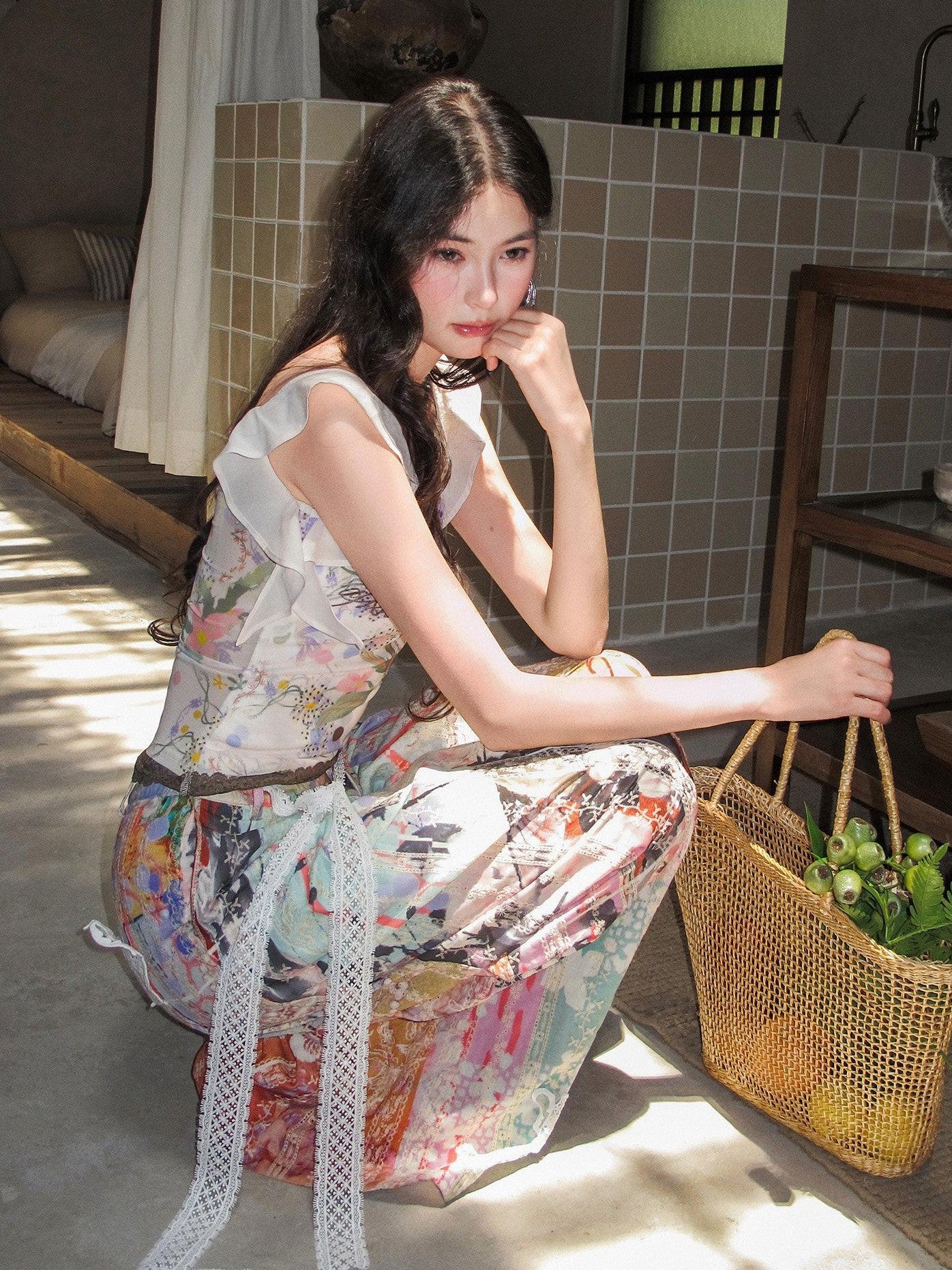 OfAkiva Dream Fragment Structural Line Print Pleated Embroidered Women&