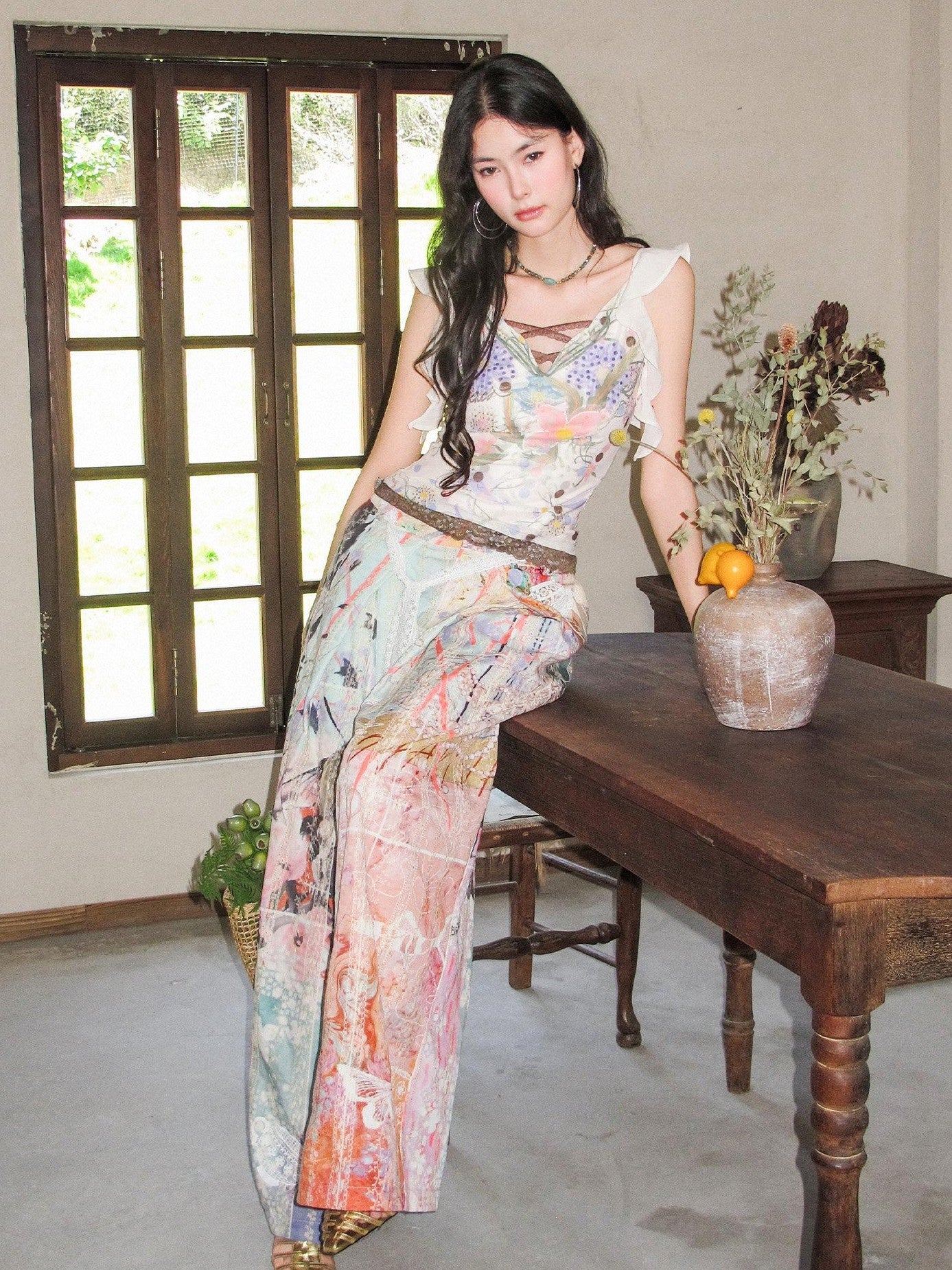 OfAkiva Dream Fragment Structural Line Print Pleated Embroidered Women&