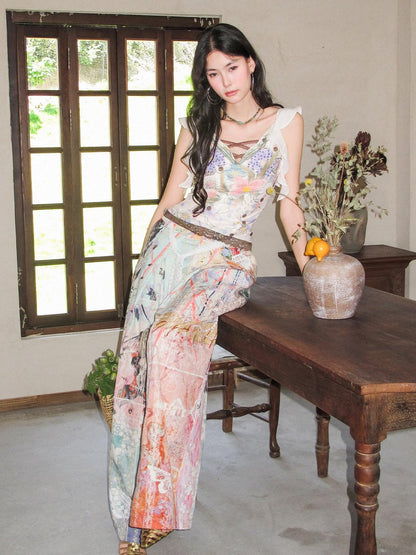 OfAkiva Dream Fragment Structural Line Print Pleated Embroidered Women&