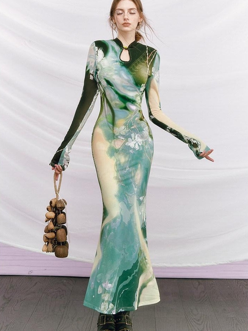 OfAkiva Elegant Cheongsam High Waist Printed Long Sleeve Mermaid Slim Maxi Dresses