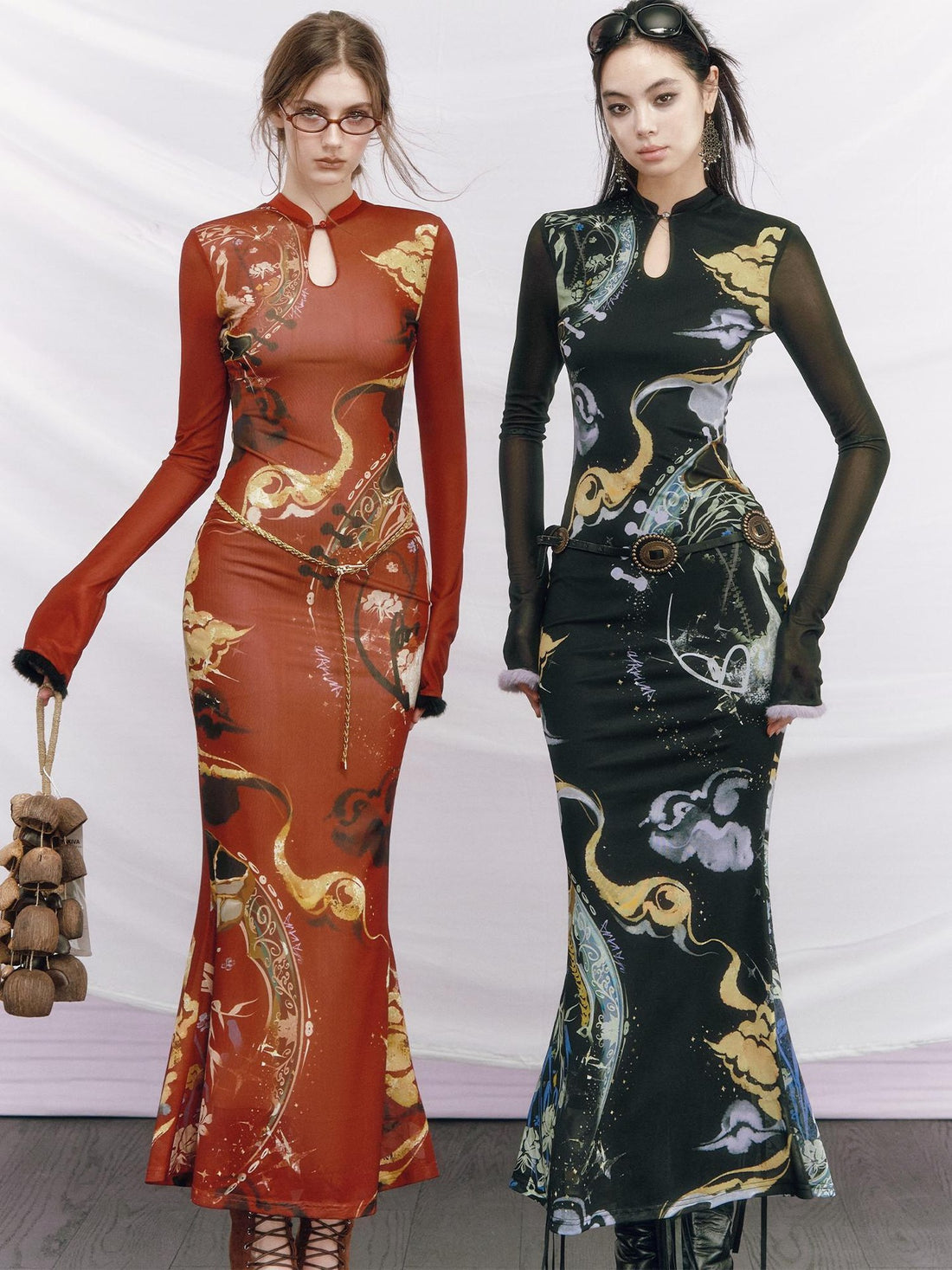 OfAkiva Elegant Colorblock High Waist New Chinese Style Slim Fit Long Sleeve Maxi Dresses