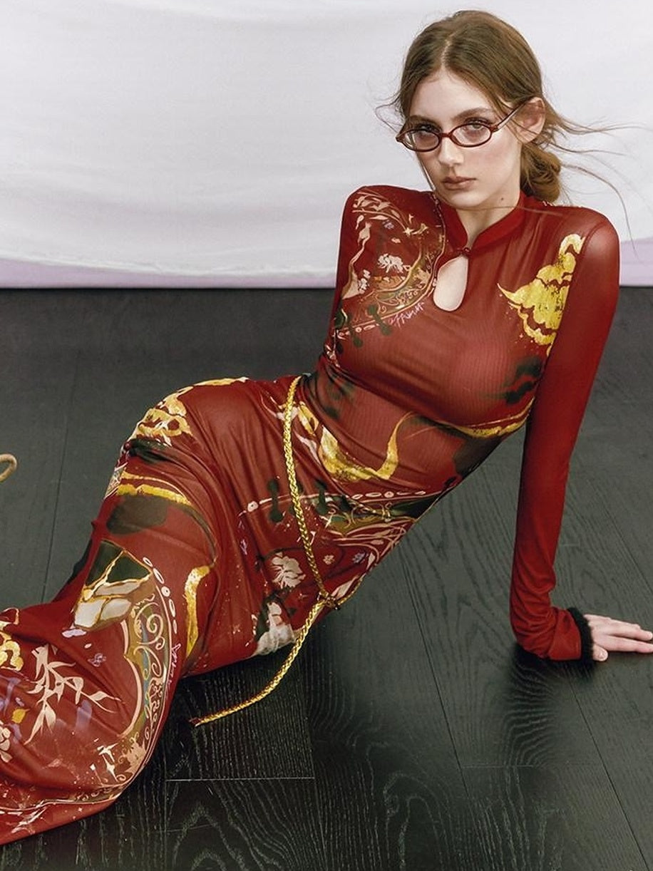 OfAkiva Elegant Colorblock High Waist New Chinese Style Slim Fit Long Sleeve Maxi Dresses