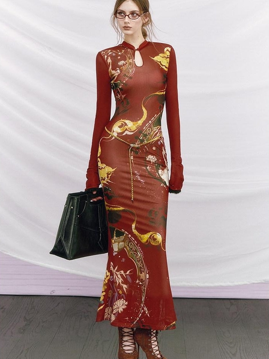 OfAkiva Elegant Colorblock High Waist New Chinese Style Slim Fit Long Sleeve Maxi Dresses