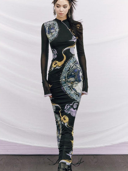 OfAkiva Elegant Colorblock High Waist New Chinese Style Slim Fit Long Sleeve Maxi Dresses