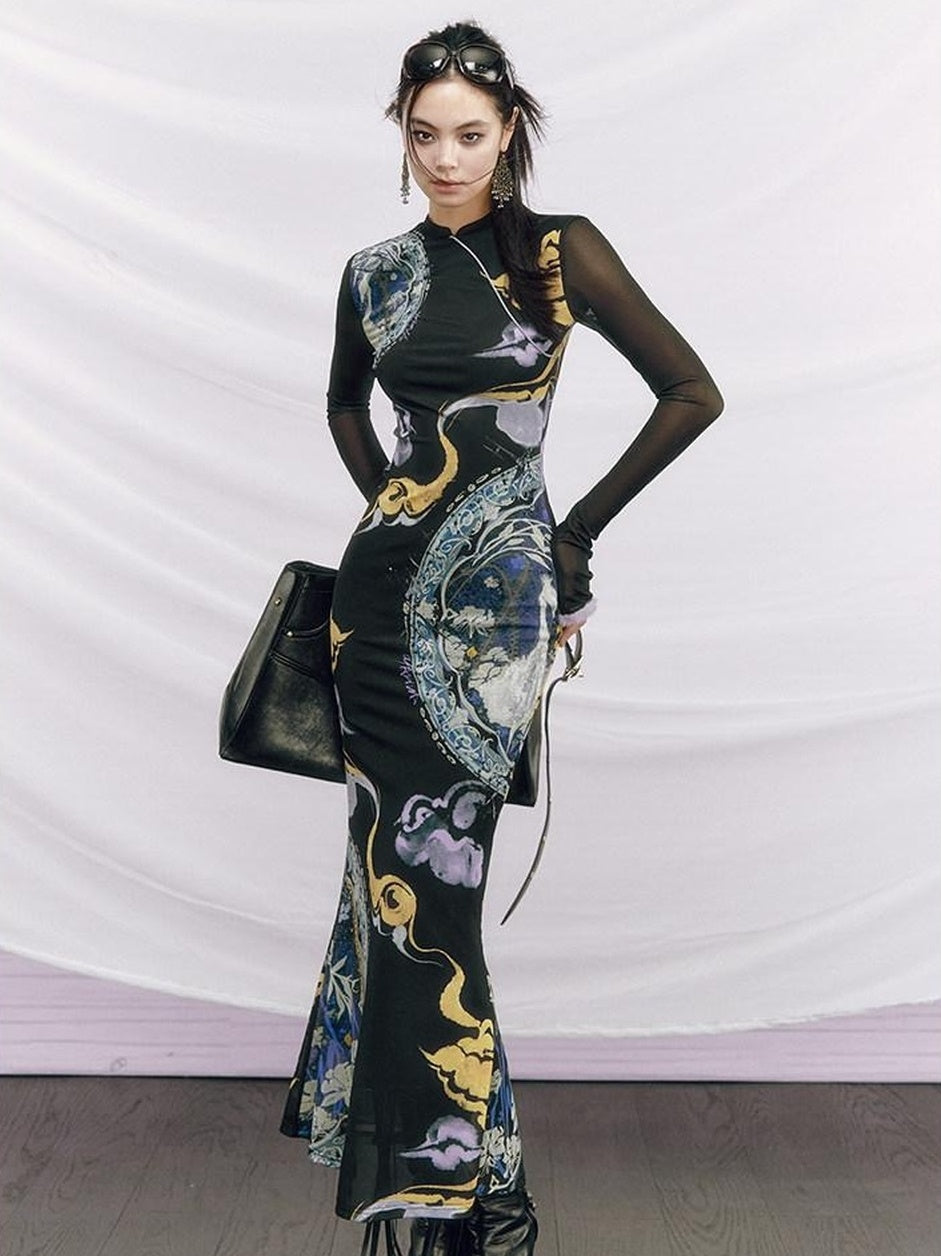 OfAkiva Elegant Colorblock High Waist New Chinese Style Slim Fit Long Sleeve Maxi Dresses