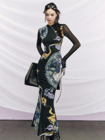 OfAkiva Elegant Colorblock High Waist New Chinese Style Slim Fit Long Sleeve Maxi Dresses