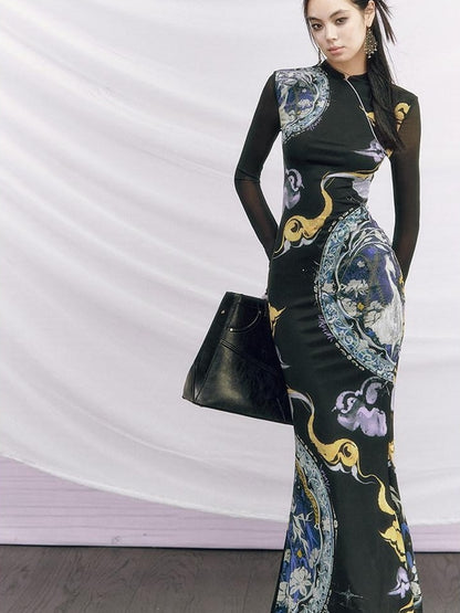 OfAkiva Elegant Colorblock High Waist New Chinese Style Slim Fit Long Sleeve Maxi Dresses