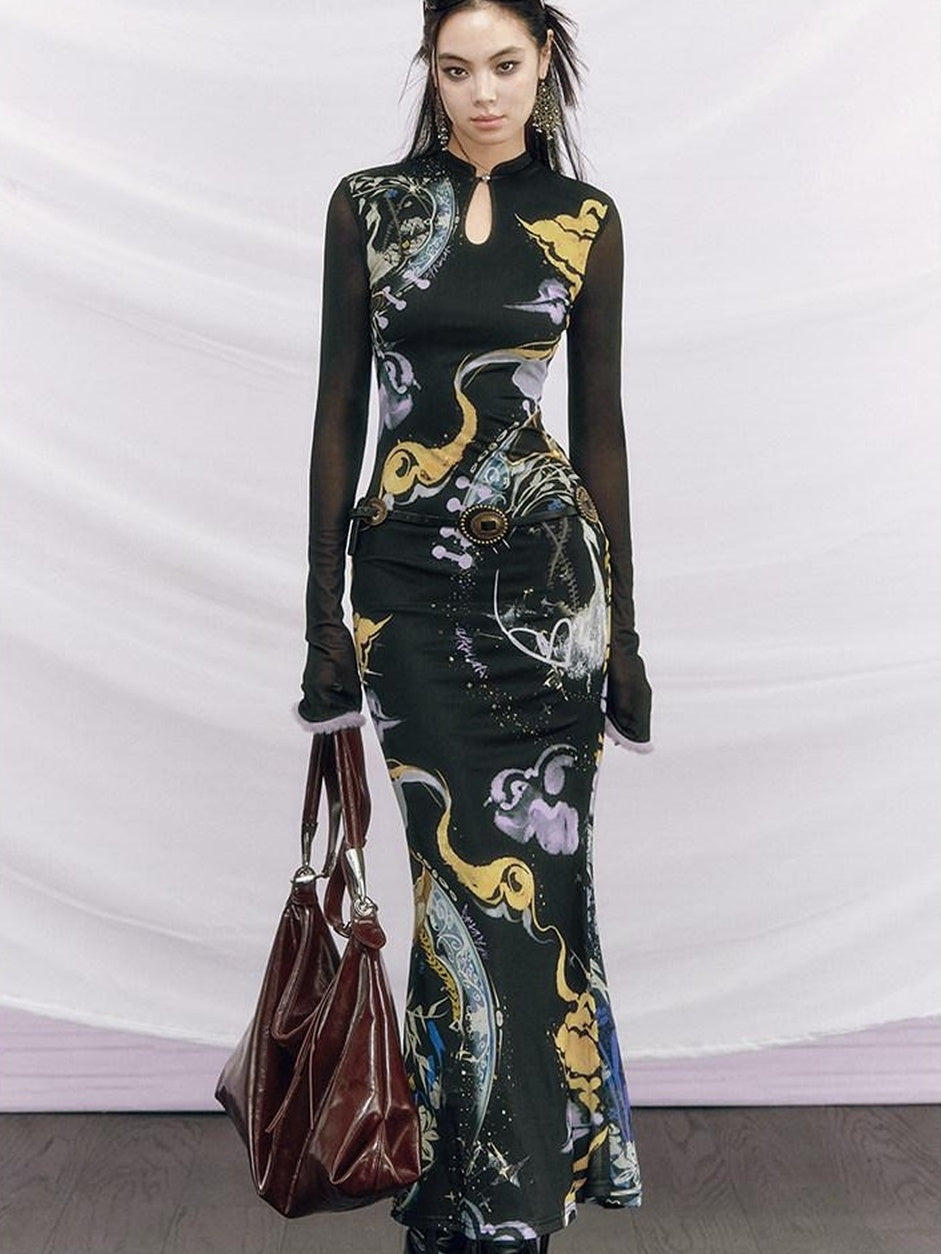 OfAkiva Elegant Colorblock High Waist New Chinese Style Slim Fit Long Sleeve Maxi Dresses