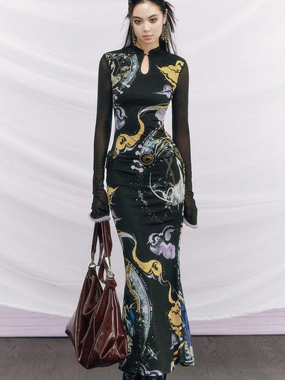 OfAkiva Elegant Colorblock High Waist New Chinese Style Slim Fit Long Sleeve Maxi Dresses