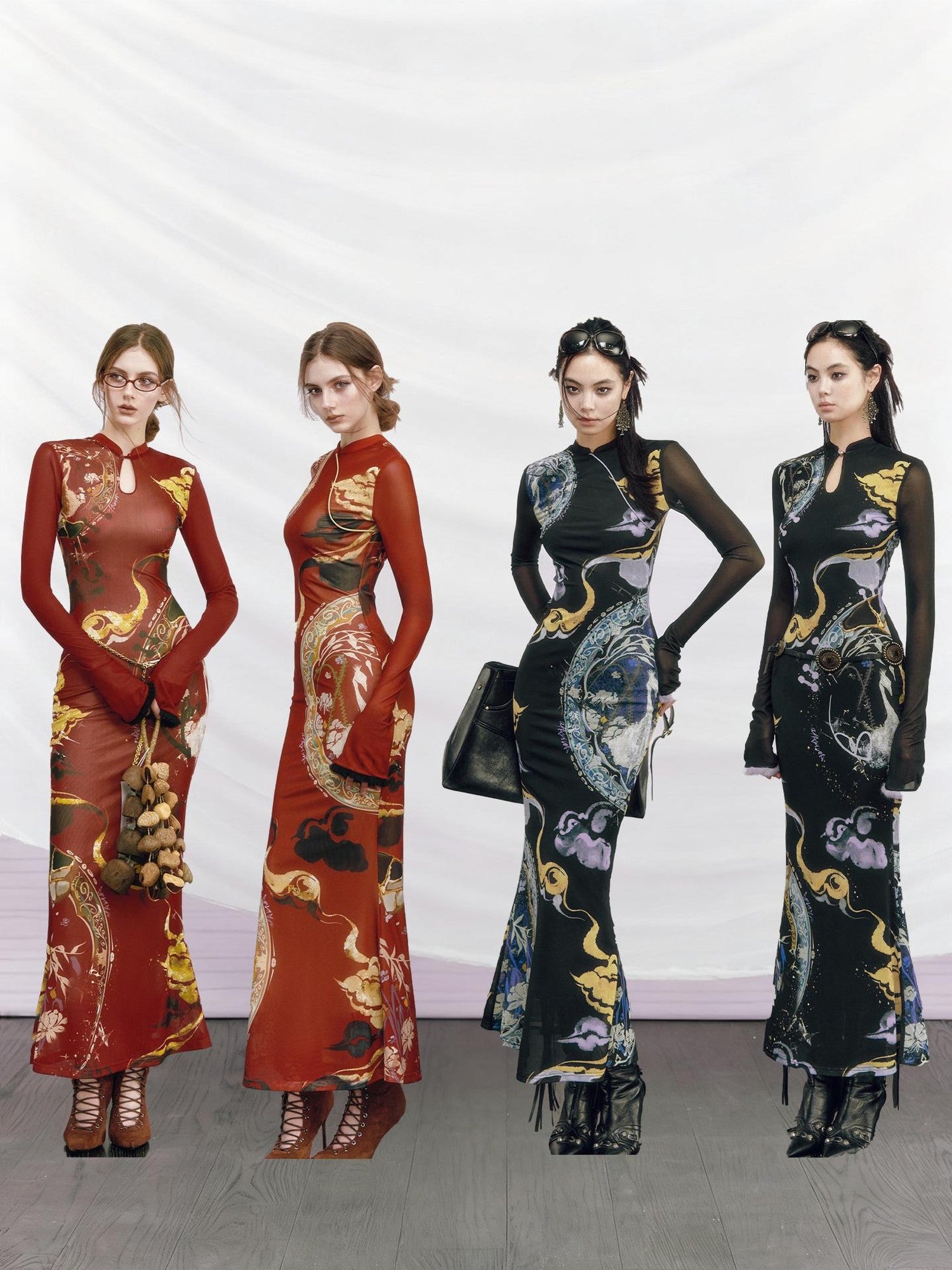 OfAkiva Elegant Colorblock High Waist New Chinese Style Slim Fit Long Sleeve Maxi Dresses