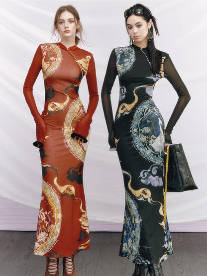 OfAkiva Elegant Colorblock High Waist New Chinese Style Slim Fit Long Sleeve Maxi Dresses