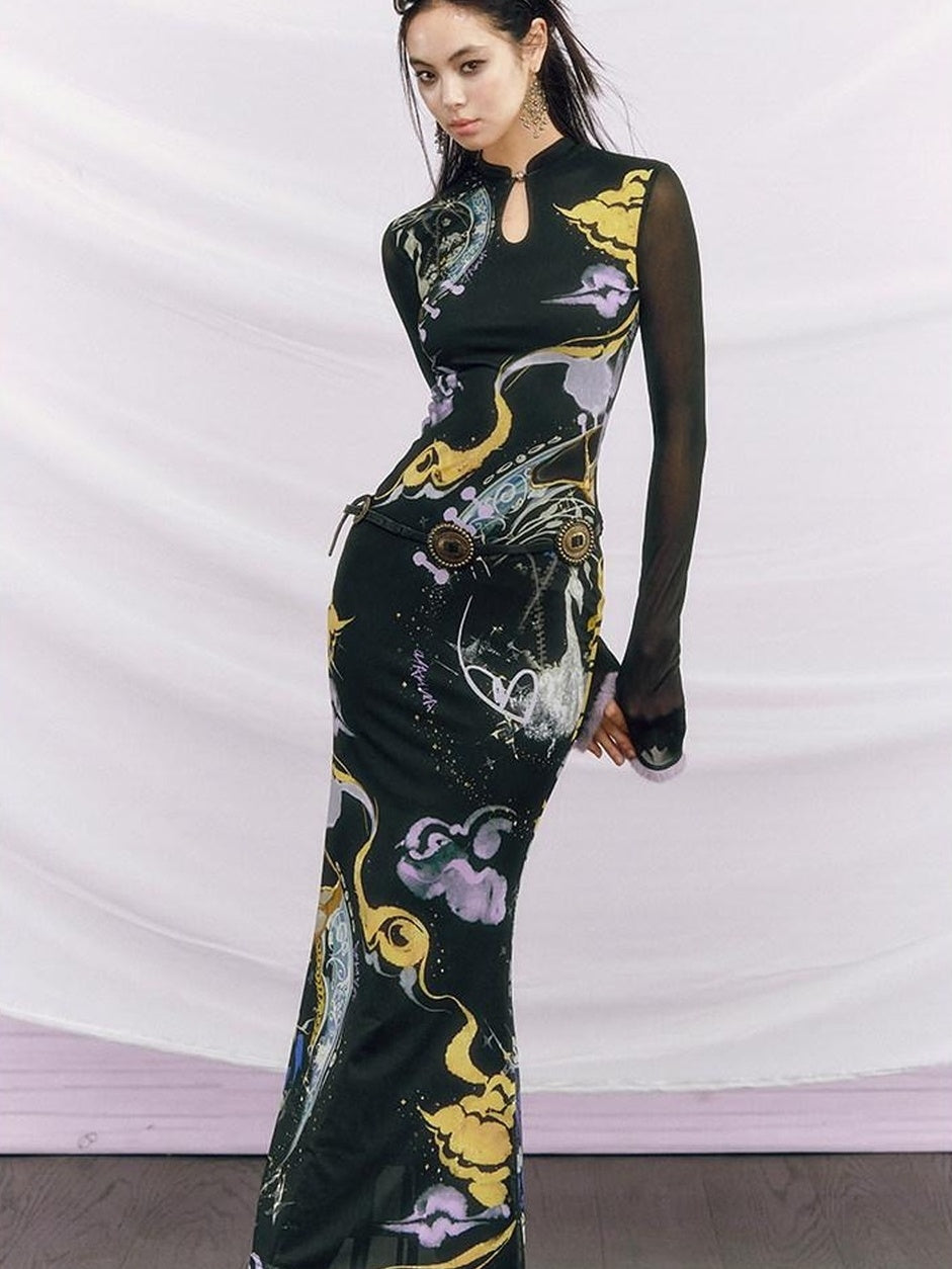 OfAkiva Elegant Colorblock High Waist New Chinese Style Slim Fit Long Sleeve Maxi Dresses