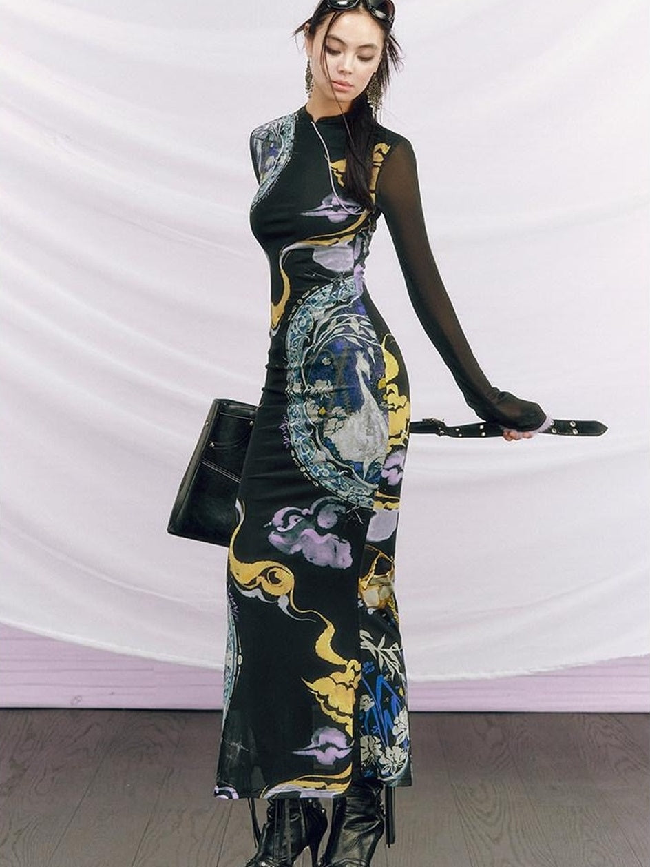 OfAkiva Elegant Colorblock High Waist New Chinese Style Slim Fit Long Sleeve Maxi Dresses