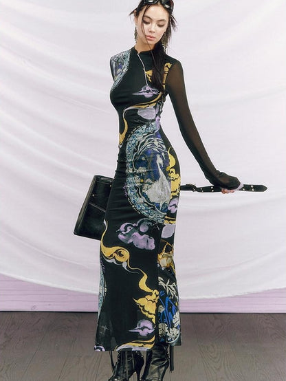 OfAkiva Elegant Colorblock High Waist New Chinese Style Slim Fit Long Sleeve Maxi Dresses