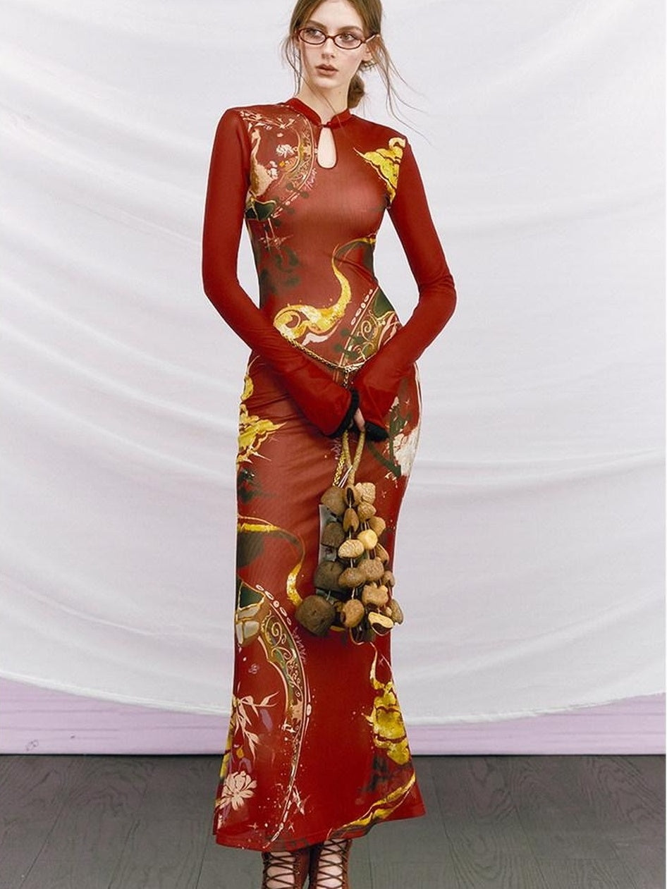 OfAkiva Elegant Colorblock High Waist New Chinese Style Slim Fit Long Sleeve Maxi Dresses