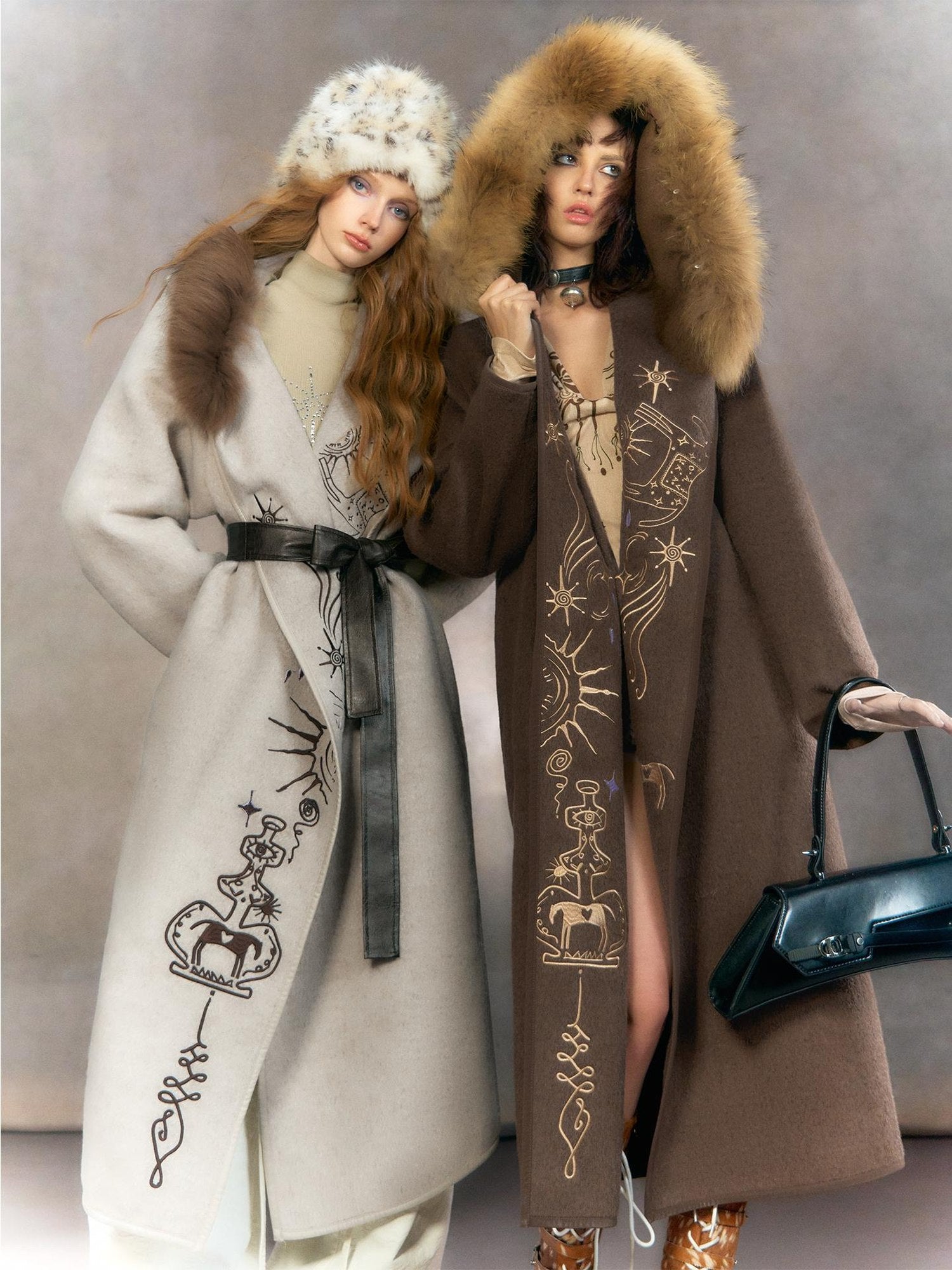 OfAkiva Embroidered Mystic Oversized Woolen Hooded Mid Length Women Brown Coat