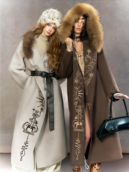 OfAkiva Embroidered Mystic Oversized Woolen Hooded Mid Length Women Brown Coat