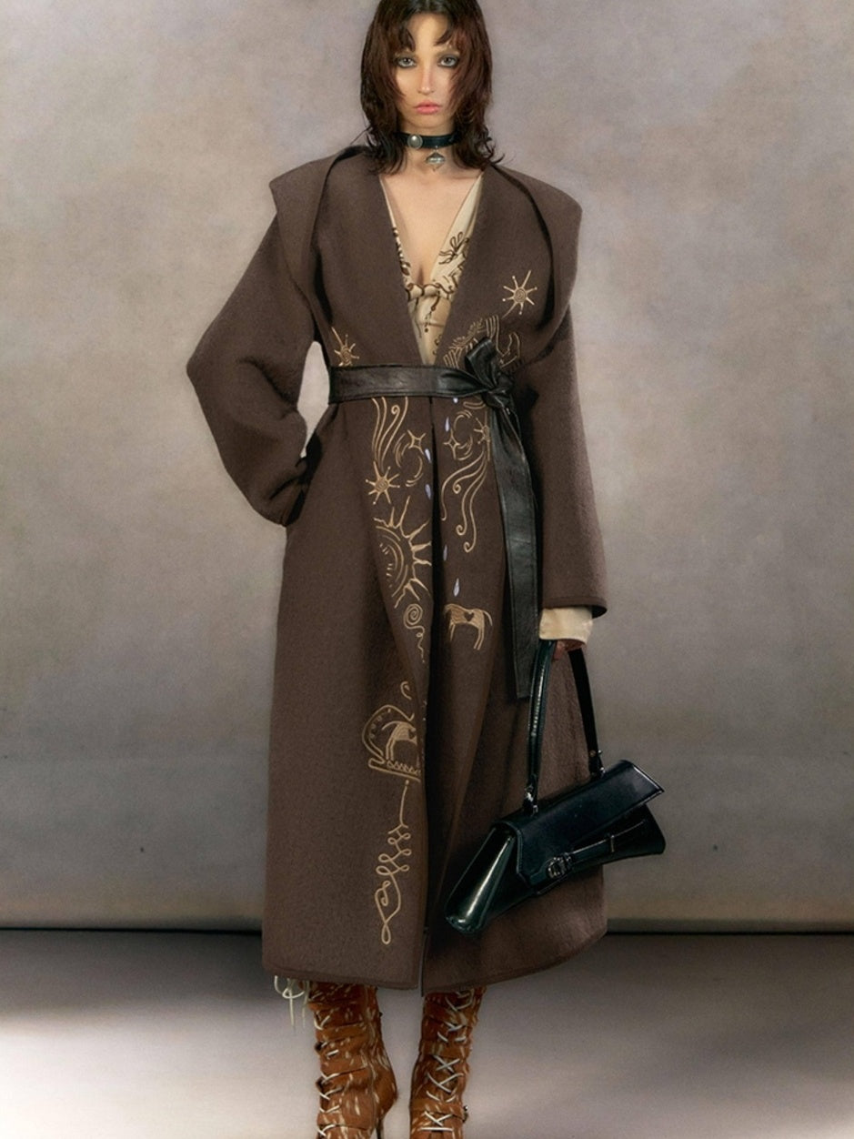 OfAkiva Embroidered Mystic Oversized Woolen Hooded Mid Length Women Brown Coat