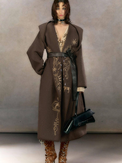 OfAkiva Embroidered Mystic Oversized Woolen Hooded Mid Length Women Brown Coat