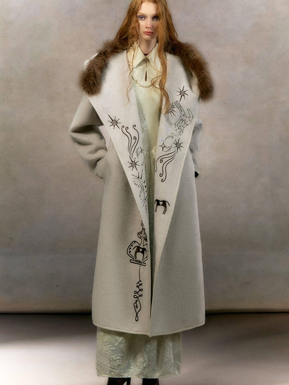 OfAkiva Embroidered Mystic Oversized Woolen Hooded Mid Length Women Brown Coat