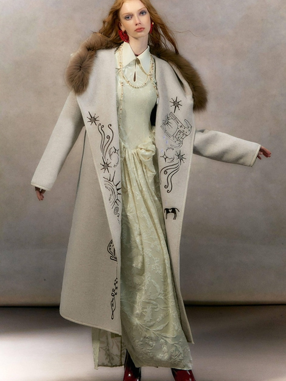 OfAkiva Embroidered Mystic Oversized Woolen Hooded Mid Length Women Brown Coat
