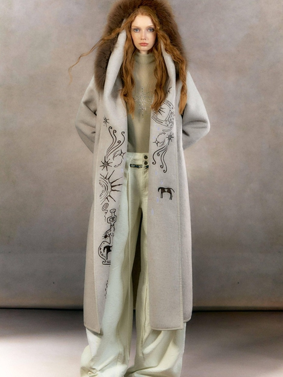 OfAkiva Embroidered Mystic Oversized Woolen Hooded Mid Length Women Brown Coat