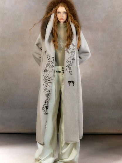 OfAkiva Embroidered Mystic Oversized Woolen Hooded Mid Length Women Brown Coat