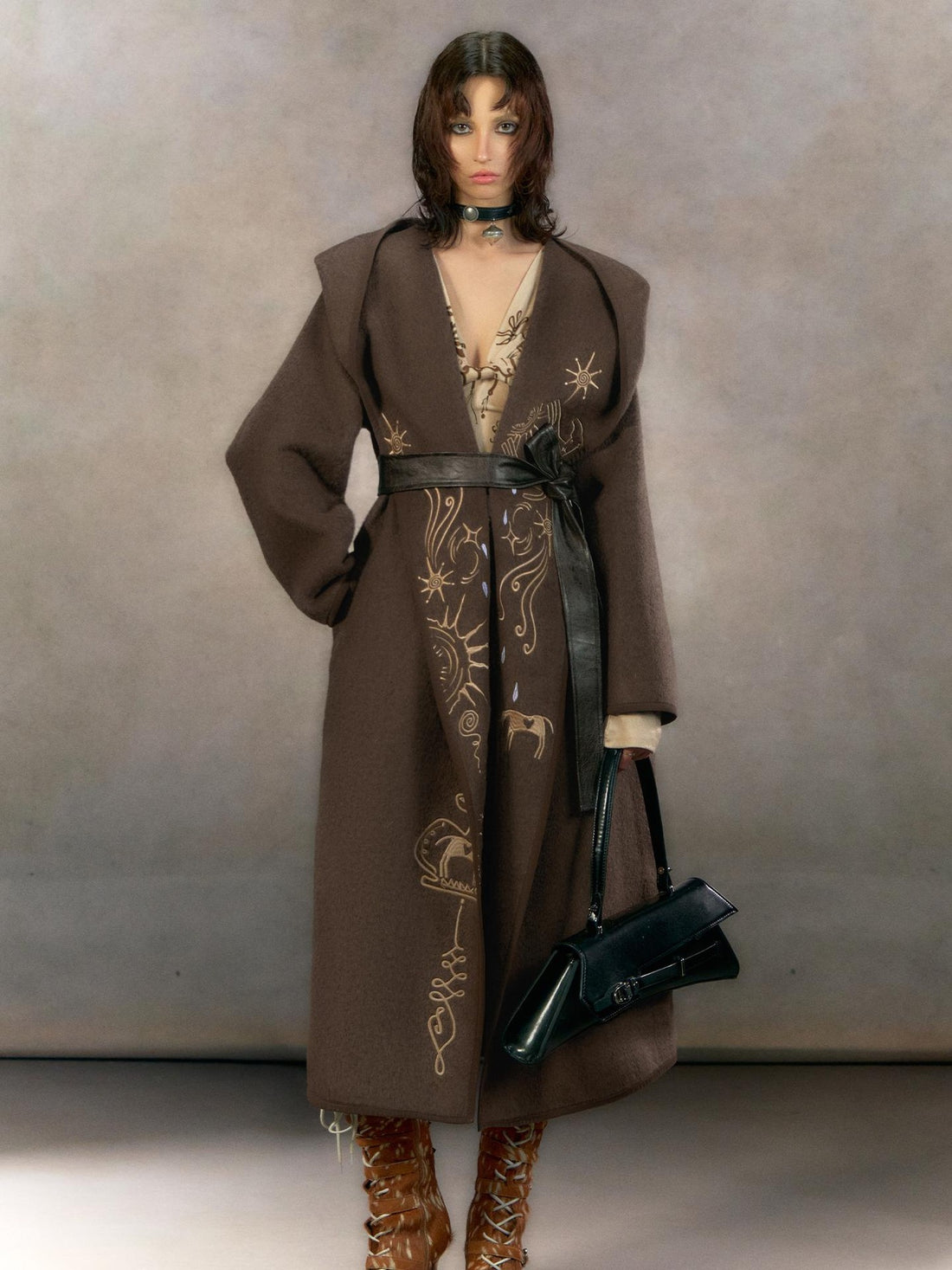 OfAkiva Embroidered Mystic Oversized Woolen Hooded Mid Length Women Brown Coat