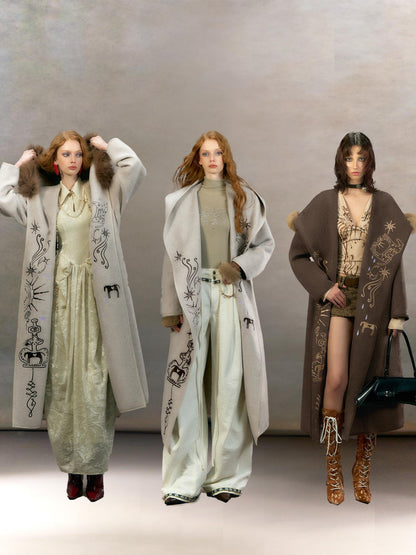 OfAkiva Embroidered Mystic Oversized Woolen Hooded Mid Length Women Brown Coat