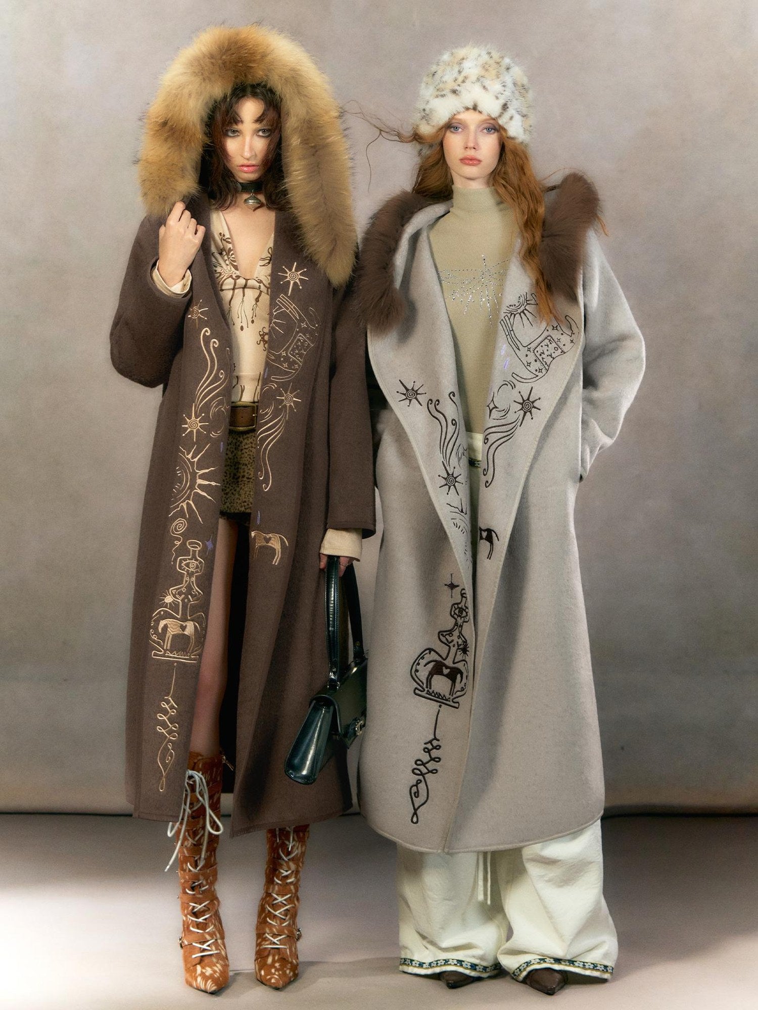 OfAkiva Embroidered Mystic Oversized Woolen Hooded Mid Length Women Brown Coat
