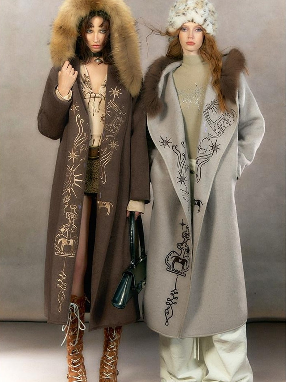 OfAkiva Embroidered Mystic Oversized Woolen Hooded Mid Length Women Brown Coat