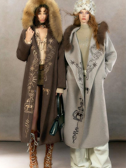 OfAkiva Embroidered Mystic Oversized Woolen Hooded Mid Length Women Brown Coat