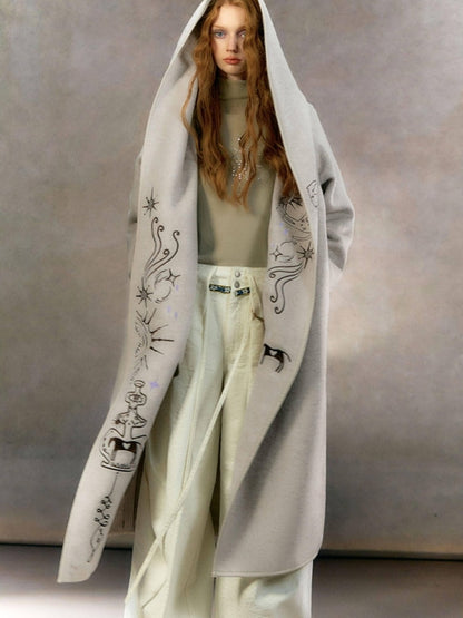OfAkiva Embroidered Mystic Oversized Woolen Hooded Mid Length Women Brown Coat