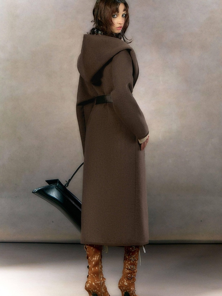OfAkiva Embroidered Mystic Oversized Woolen Hooded Mid Length Women Brown Coat