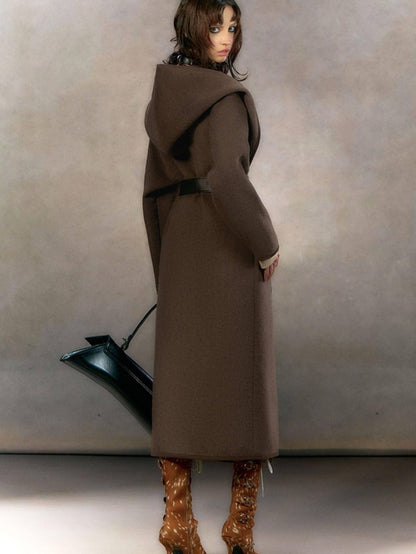 OfAkiva Embroidered Mystic Oversized Woolen Hooded Mid Length Women Brown Coat