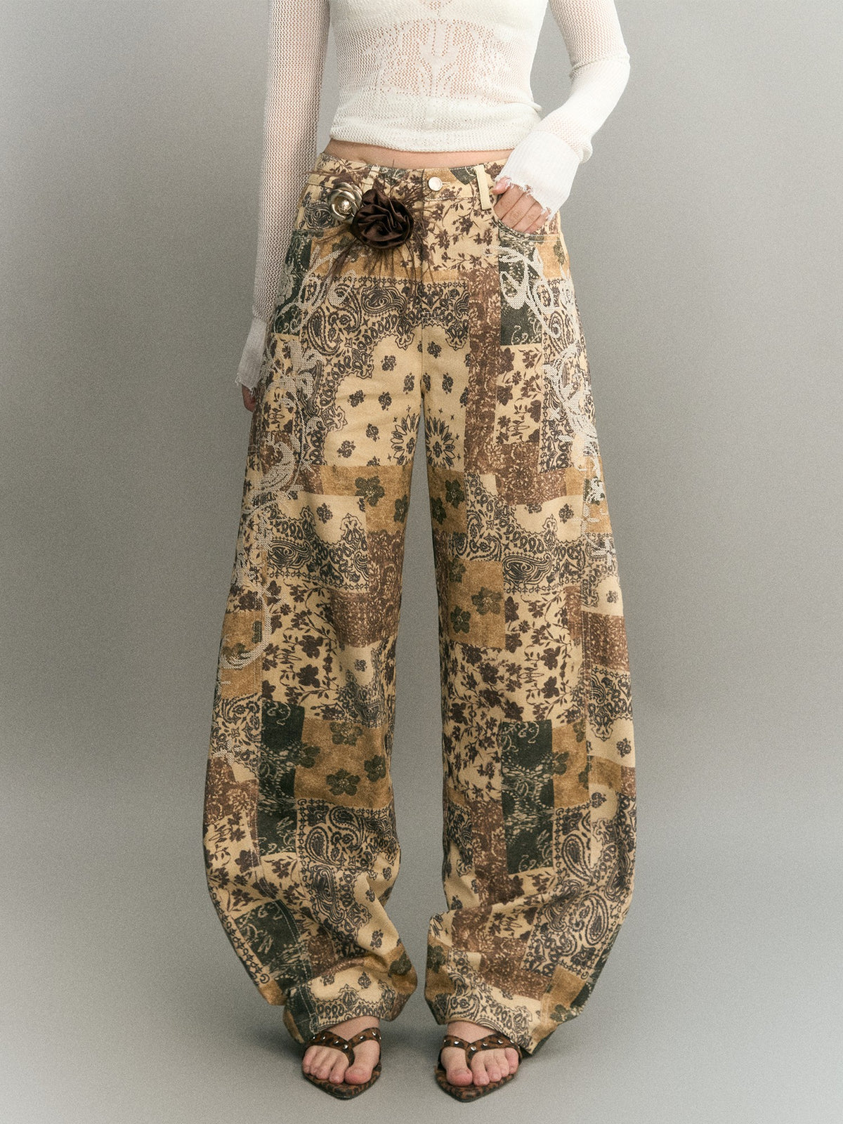 OfAkiva Embroidered Print Washed Cocoon High Waist Women&