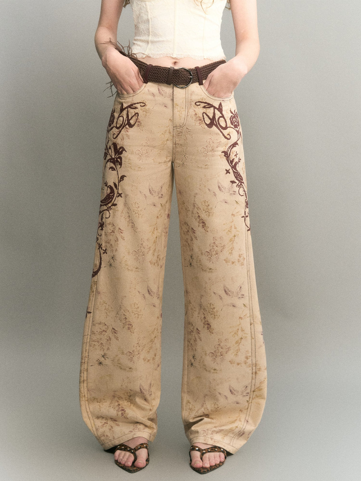 OfAkiva Embroidered Print Washed Cocoon High Waist Women&