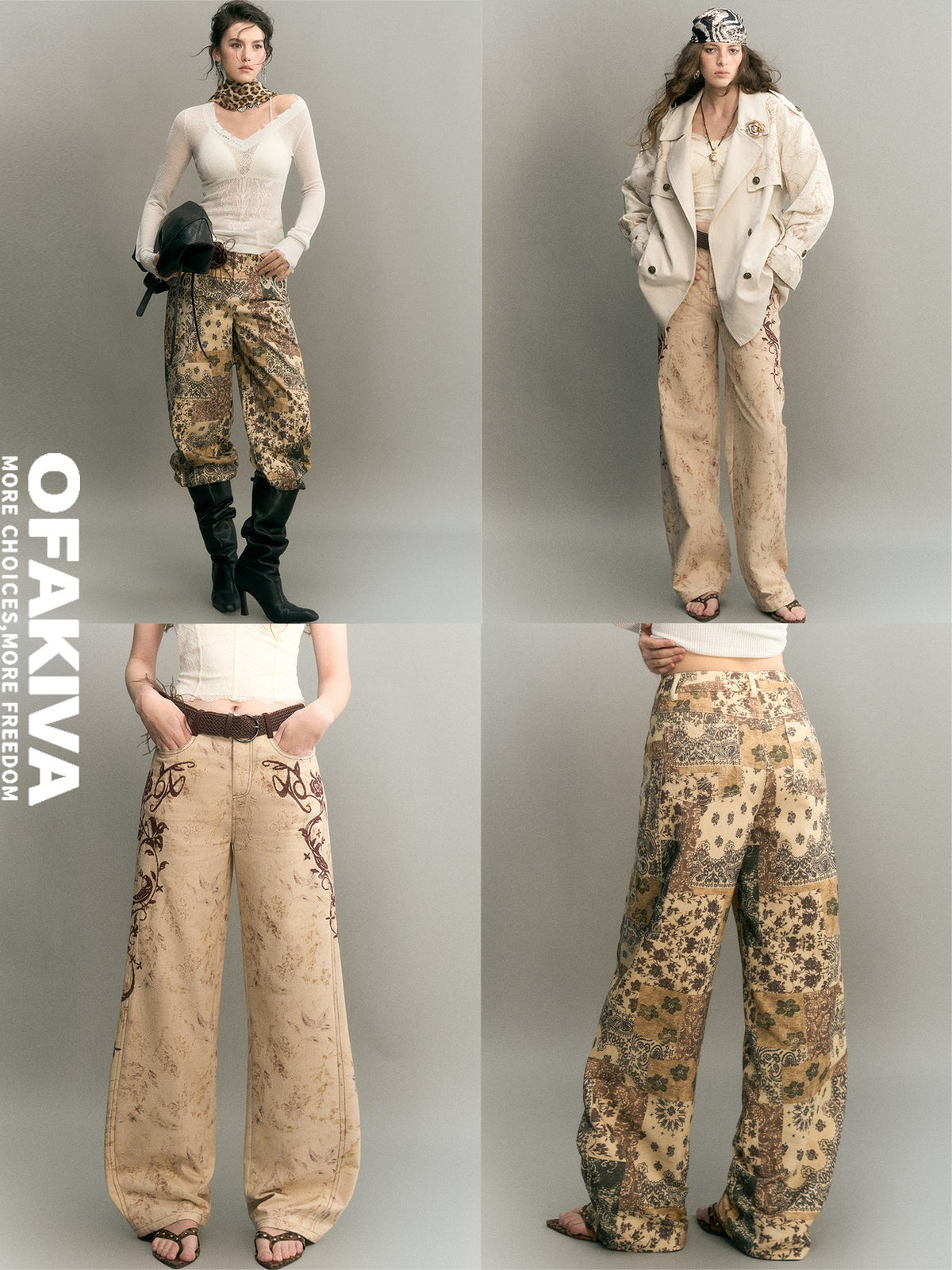 OfAkiva Embroidered Print Washed Cocoon High Waist Women&