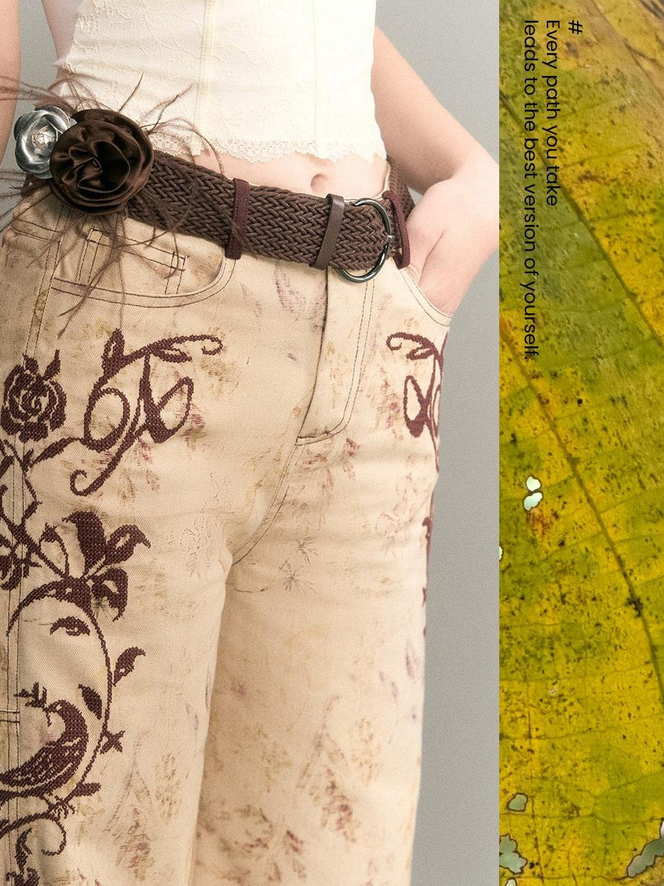 OfAkiva Embroidered Print Washed Cocoon High Waist Women&